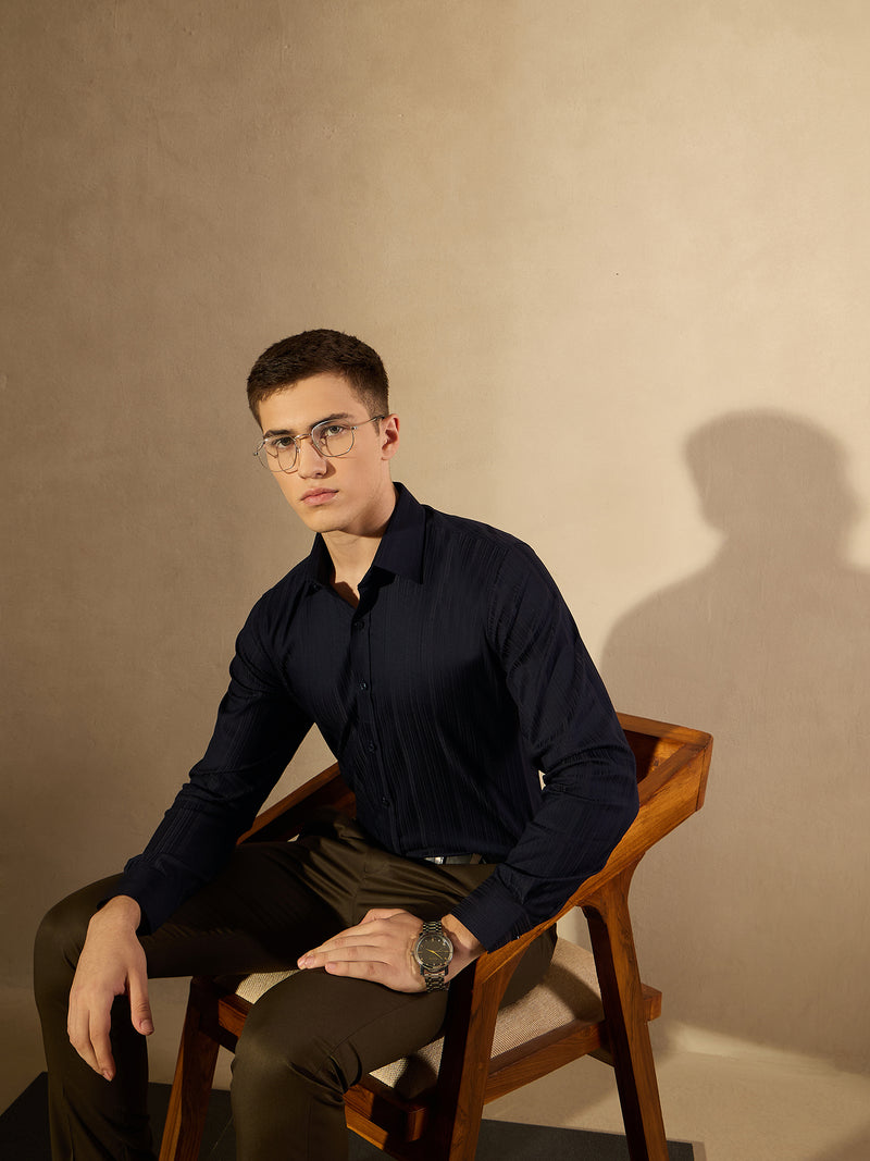 Navy Blue: Striped Formal Shirt