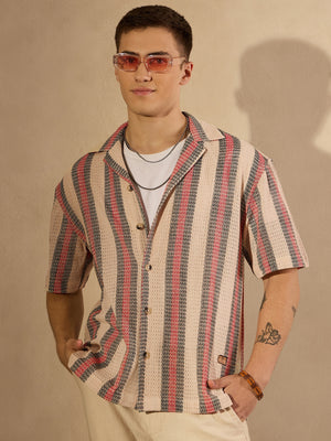 Cream & Red: Half Sleeves Crochet Oversized Striped Shirt