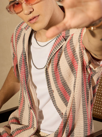 Cream & Red: Half Sleeves Crochet Oversized Striped Shirt