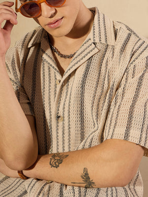 Cream & Black: Half Sleeves Crochet Oversized Striped Shirt