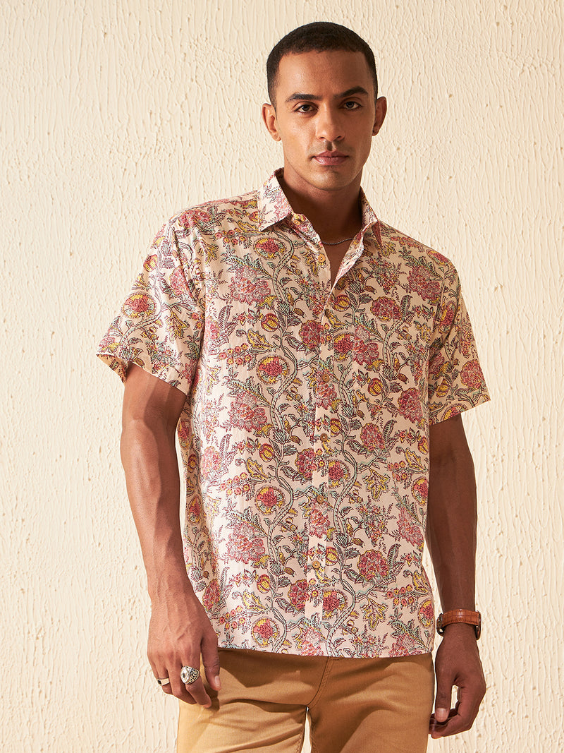 Peach: Half Sleeves Block Printed Shirt