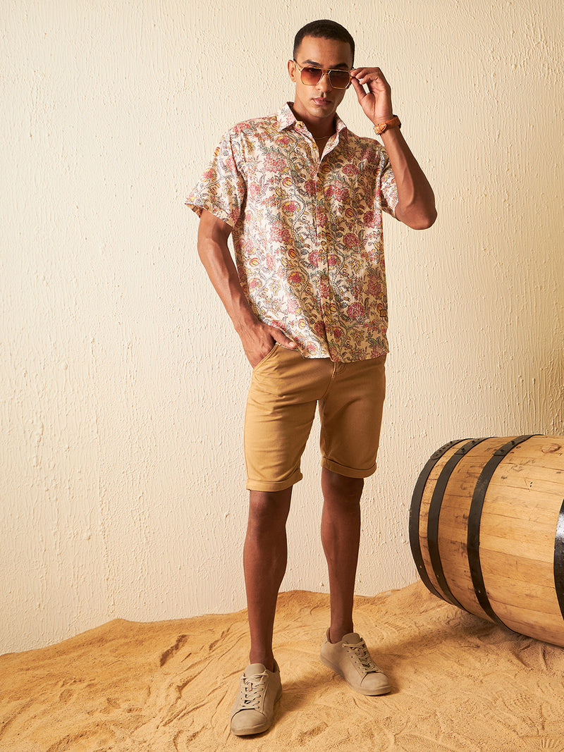 Peach: Half Sleeves Block Printed Shirt