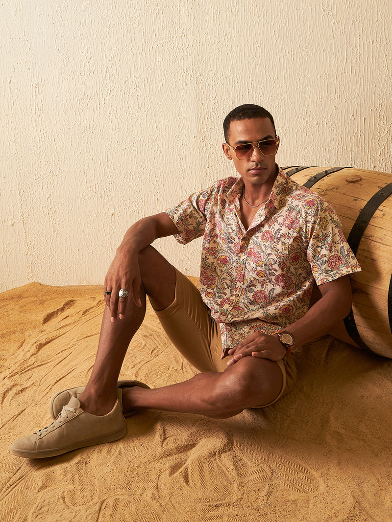 Peach: Half Sleeves Block Printed Shirt