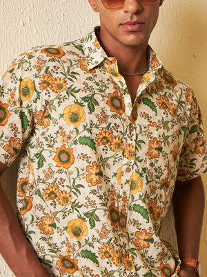 Cream: Half Sleeves Floral Block Printed Shirt