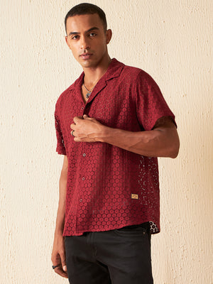 Maroon: Half Sleeves Semi Sheer Cotton Casual Shirt