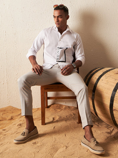 White: Full Sleeves Printed Party Shirt