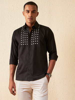 Black: Full Sleeves Polka Dot Printed Party Shirt