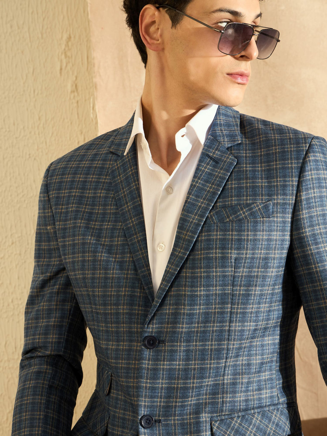 DENNISON Men Denim Blue Checked Single Breasted Blazer