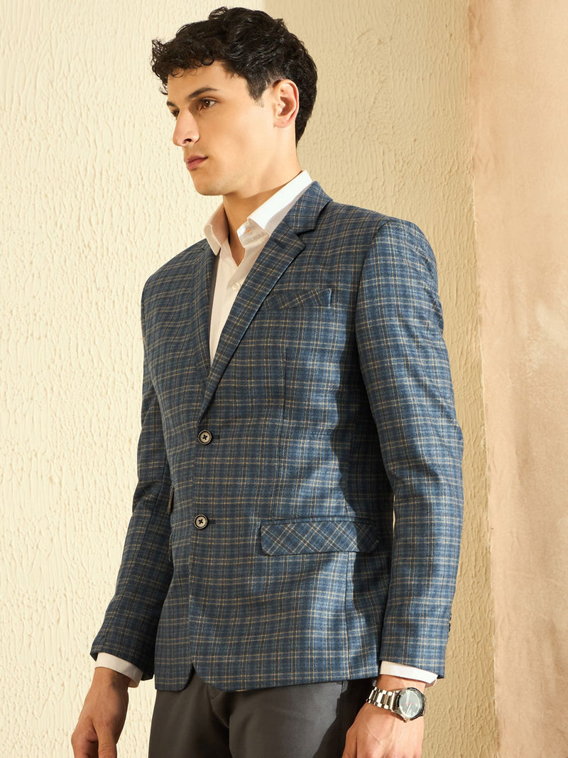 DENNISON Men Denim Blue Checked Single Breasted Blazer