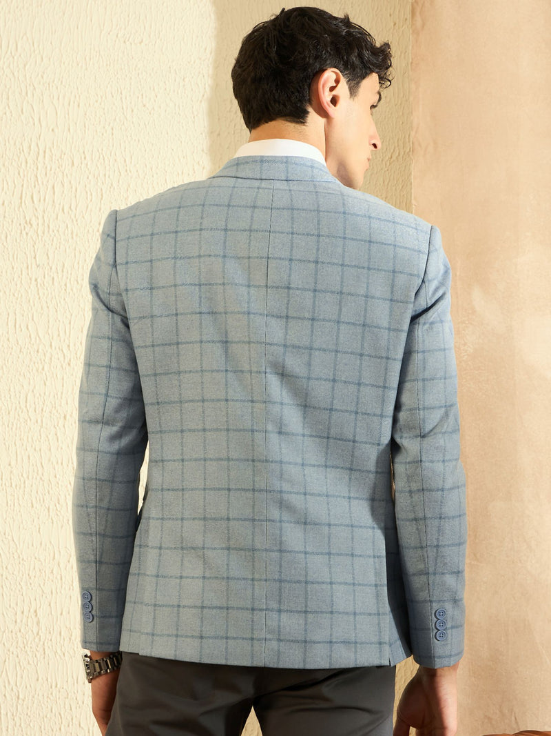 DENNISON Men Light Blue Checked Single Breasted Blazer