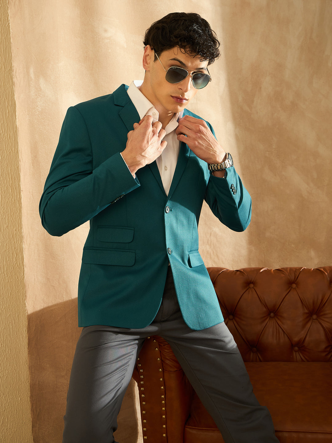 DENNISON Men Teal Green Single Breasted Blazer