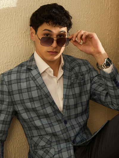 DENNISON Men Light Blue Checked Single Breasted Blazer