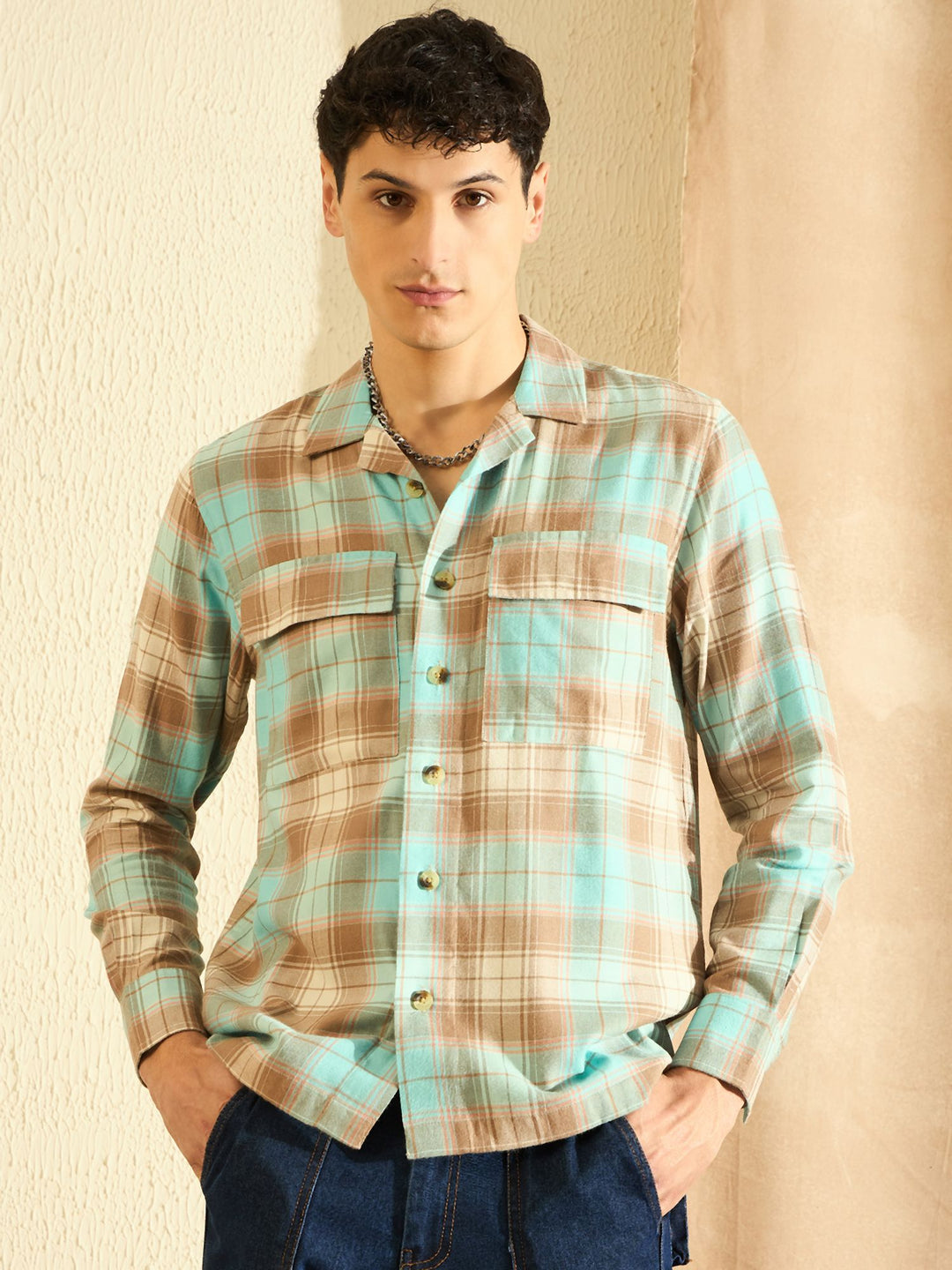 DENNISON Oversized Blue & Beige checked double pocket checked Shirt