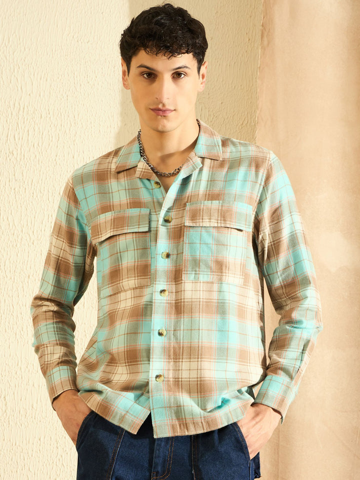 DENNISON Oversized Blue & Beige checked double pocket checked Shirt