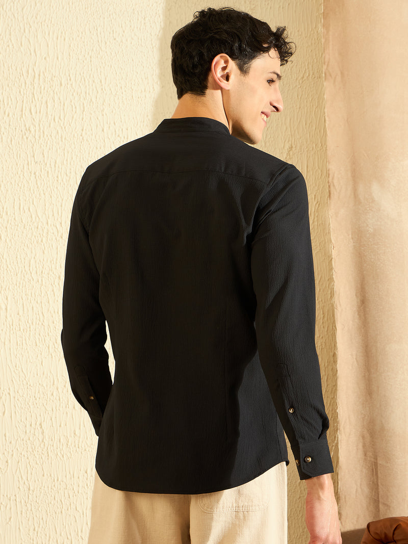 Black Mandarin Collar Casual Shirt