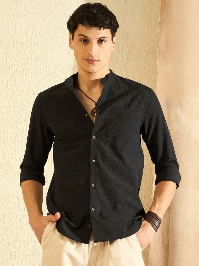 Black Mandarin Collar Casual Shirt