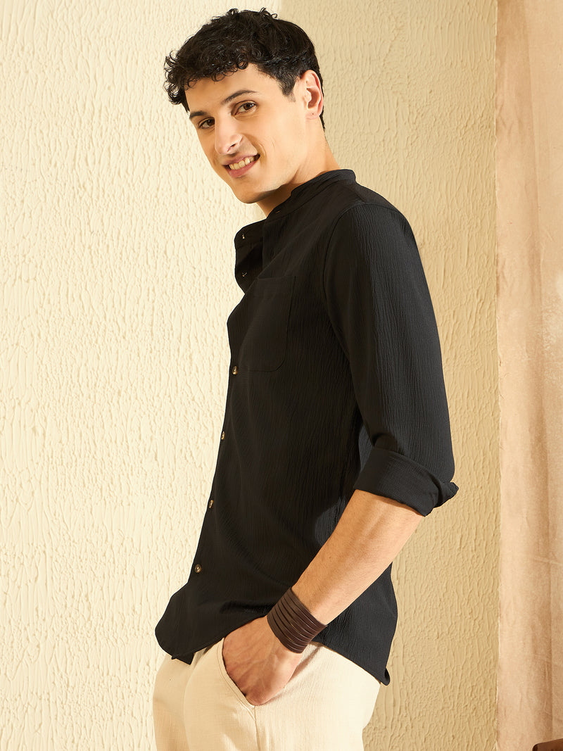 Black Mandarin Collar Casual Shirt