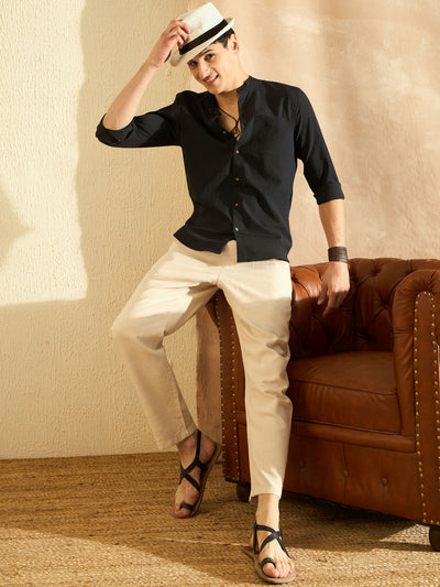 Black Mandarin Collar Casual Shirt