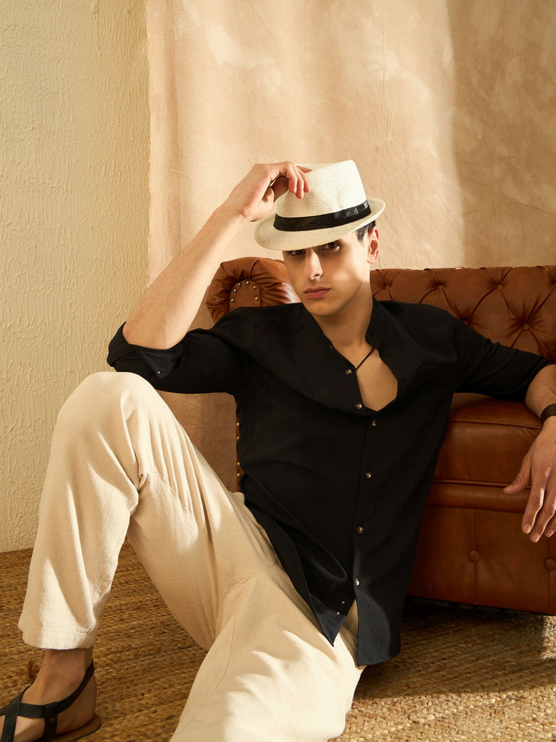 Black Mandarin Collar Casual Shirt