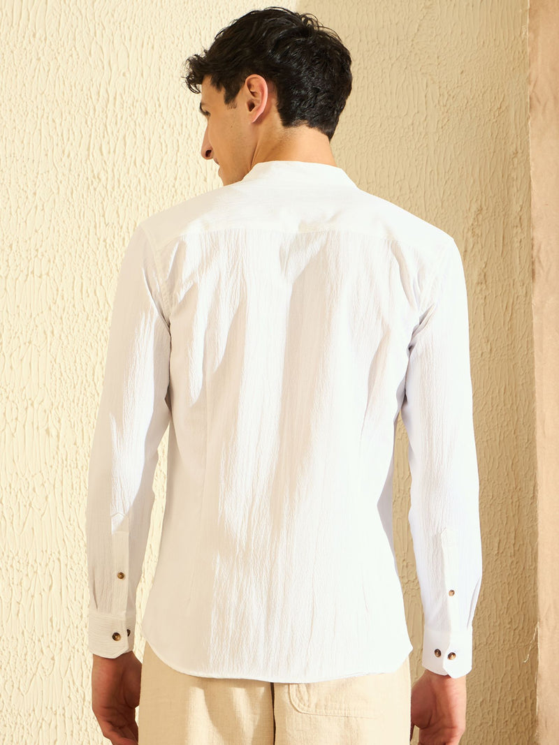 DENNISON White Mandarin Collar Casual Shirt