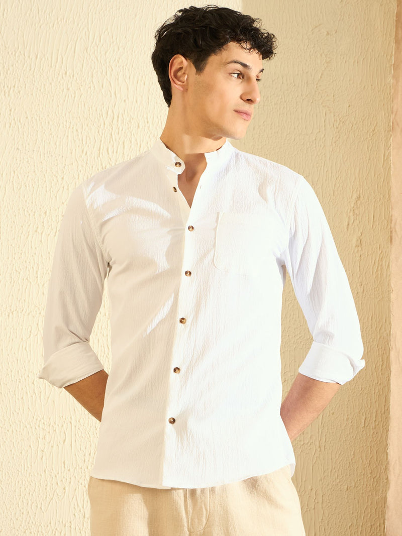 DENNISON White Mandarin Collar Casual Shirt