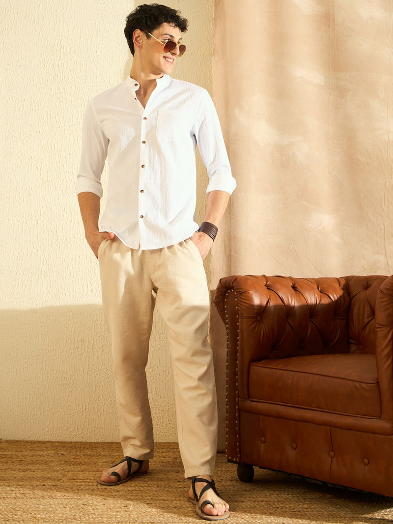 DENNISON White Mandarin Collar Casual Shirt