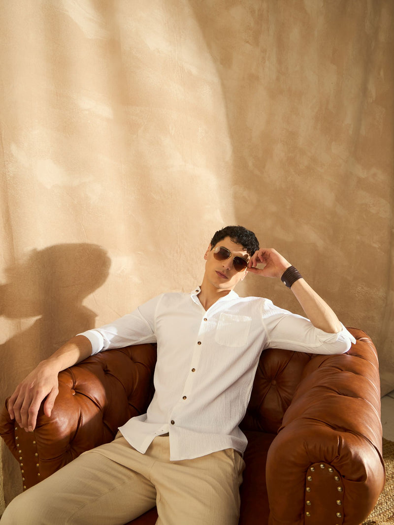 DENNISON White Mandarin Collar Casual Shirt