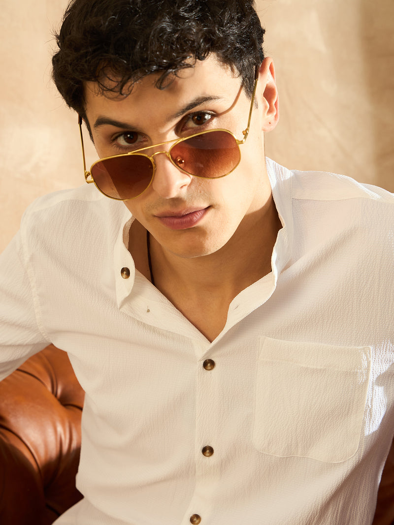 DENNISON White Mandarin Collar Casual Shirt