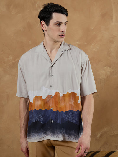 Cream & Blue: Oversized Placement Printed Shirt