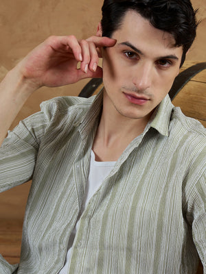 Olive Green & White: Striped Oversized Casual Shirt