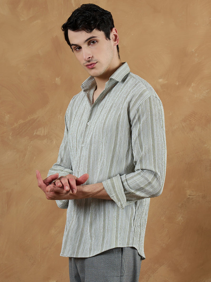 Olive Green & White: Striped Oversized Casual Shirt