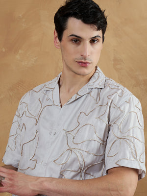 Beige & Brown: Half Sleeves Embroidered Shirt