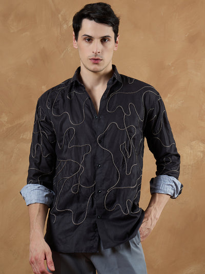 Black & Grey: Full Sleeves Embroidered Shirt