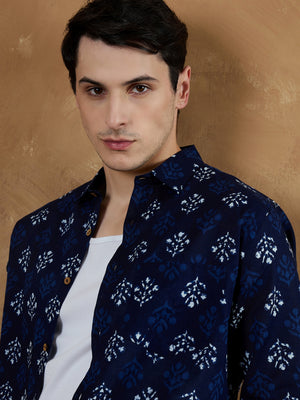 Blue: Full Sleeves Block Printed Shirt