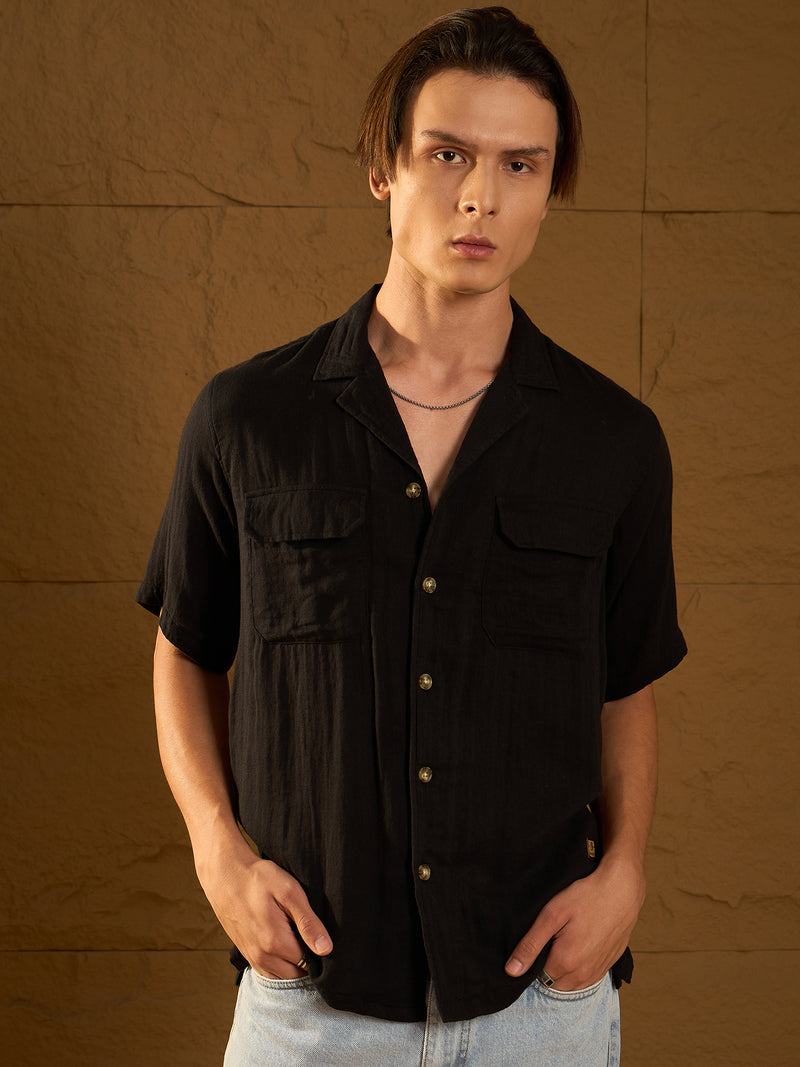 Black: Half Sleeves Muslin Oversized Shirt