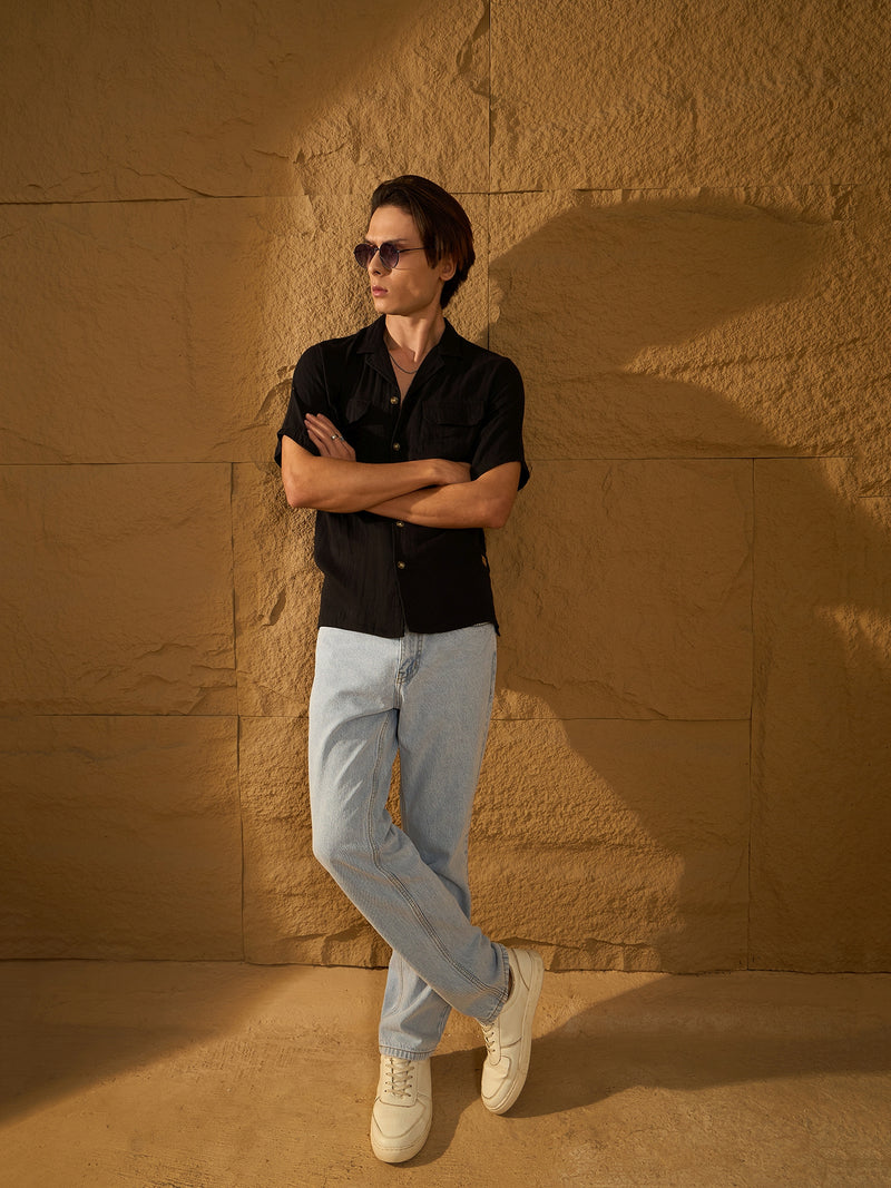 Black: Half Sleeves Muslin Oversized Shirt