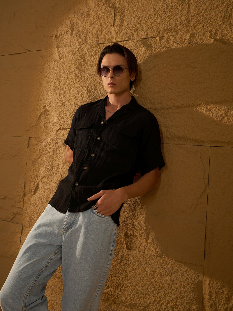 Black: Half Sleeves Muslin Oversized Shirt