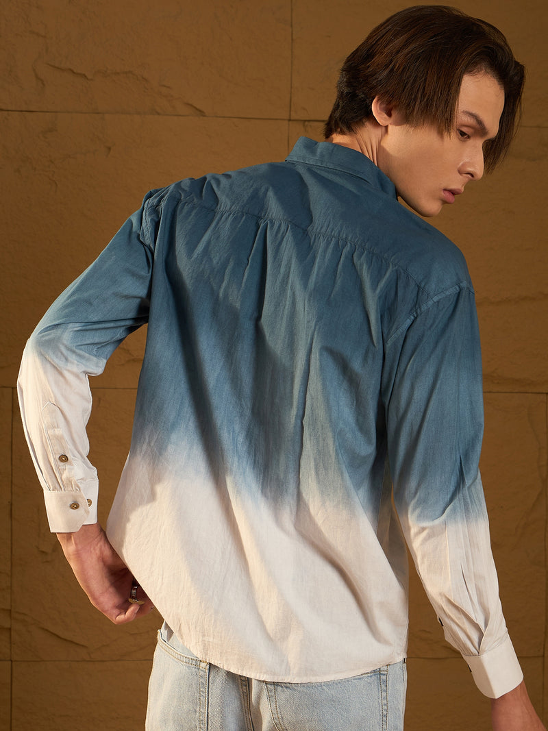 Blue: Full Sleeves Oversized Ombre Shirt
