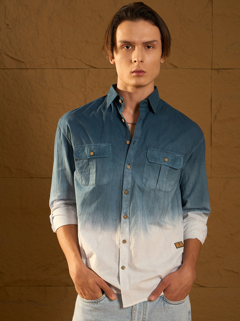 Blue: Full Sleeves Oversized Ombre Shirt