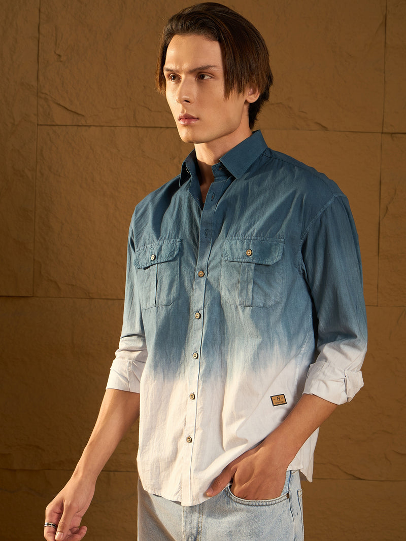 Blue: Full Sleeves Oversized Ombre Shirt