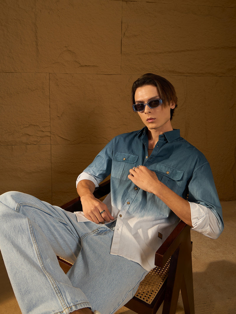 Blue: Full Sleeves Oversized Ombre Shirt