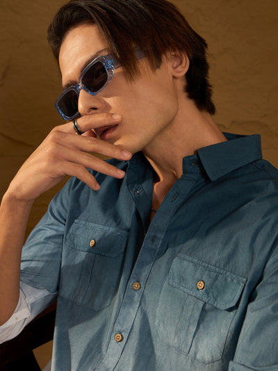 Blue: Full Sleeves Oversized Ombre Shirt