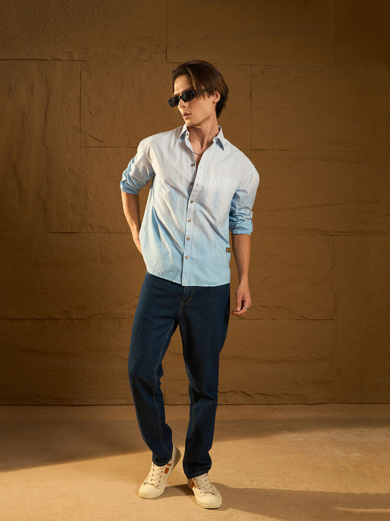 Light Blue: Full Sleeves Oversized Ombre Dyed Shirt