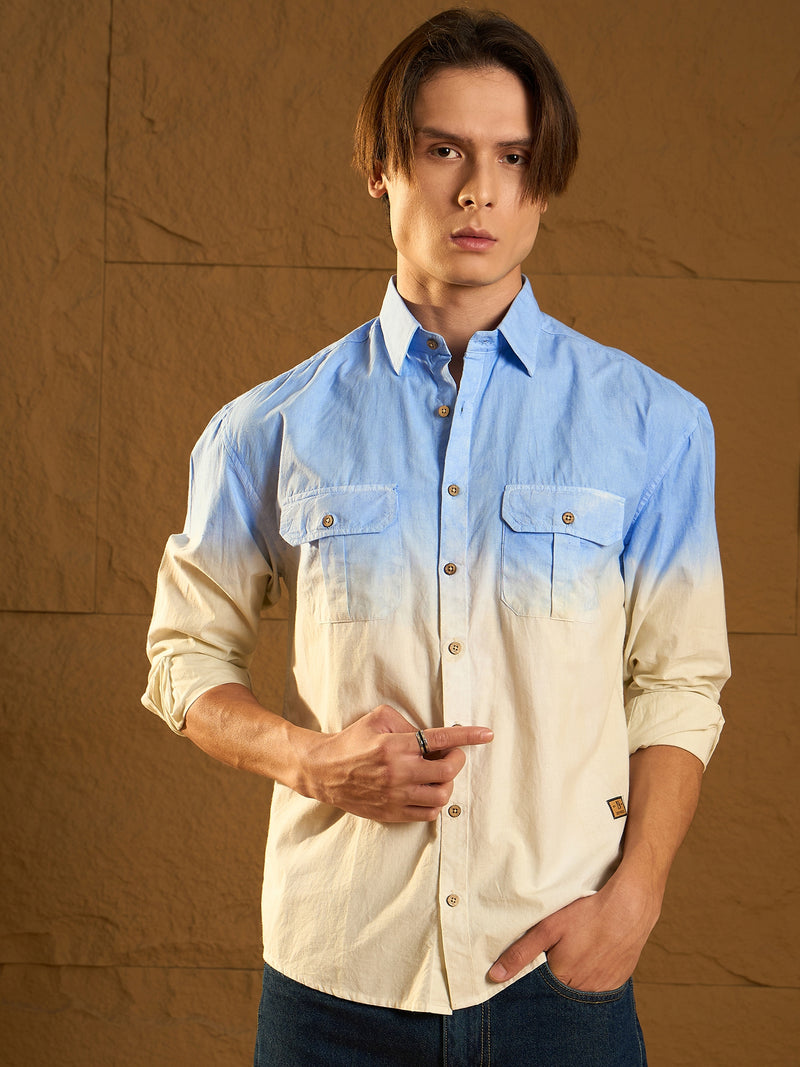 Sky Blue: Full Sleeves Oversized Ombre Dyed Shirt