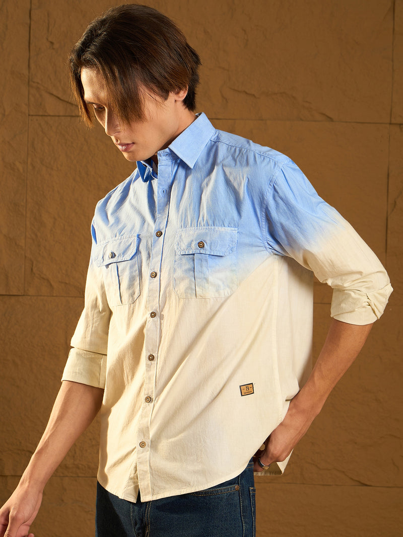 Sky Blue: Full Sleeves Oversized Ombre Dyed Shirt
