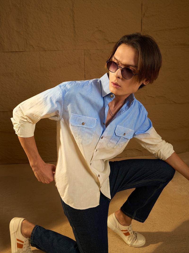 Sky Blue: Full Sleeves Oversized Ombre Dyed Shirt