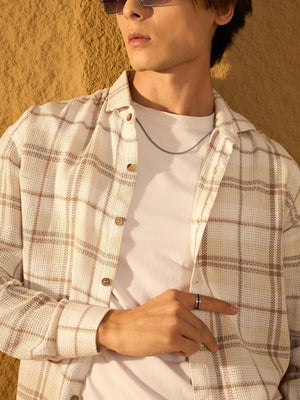 Light Brown: Full Sleeves Windowpane Checked Shirt