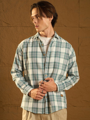 Green: Full Sleeves Windowpane Checked Shirt