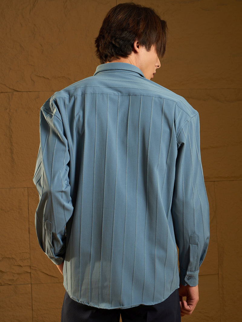 Pastel Blue: Full Sleeves Oversized Pintuck Shirt