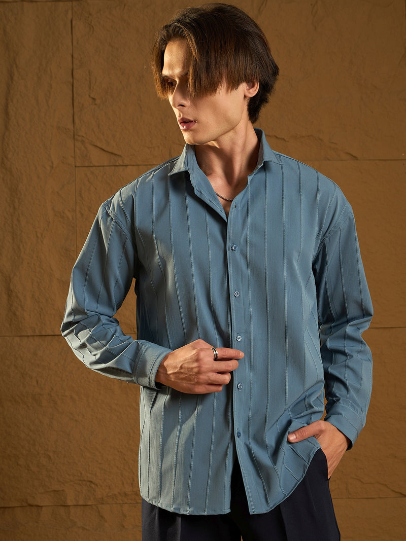 Pastel Blue: Full Sleeves Oversized Pintuck Shirt